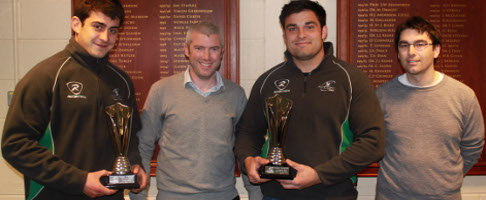 Tiernan O'Halloran and Ronan Loughney are presented with their awards by Barry Dolan and Pat Carr of the Connacht Clan committee Clan Presentation1 web